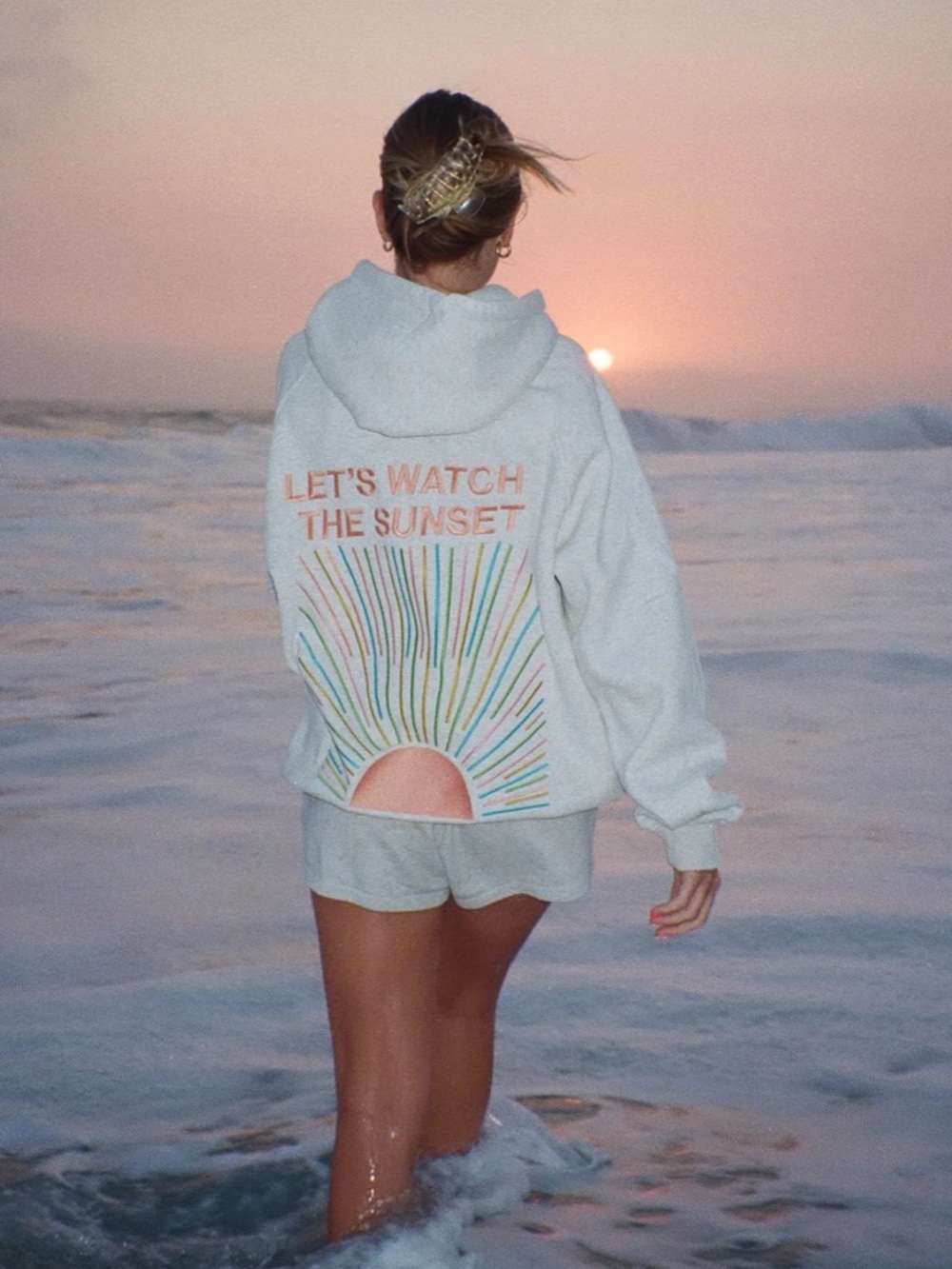 "Let's Watch the Sunset" Lux Hoodie in Heather Gray, Size Large